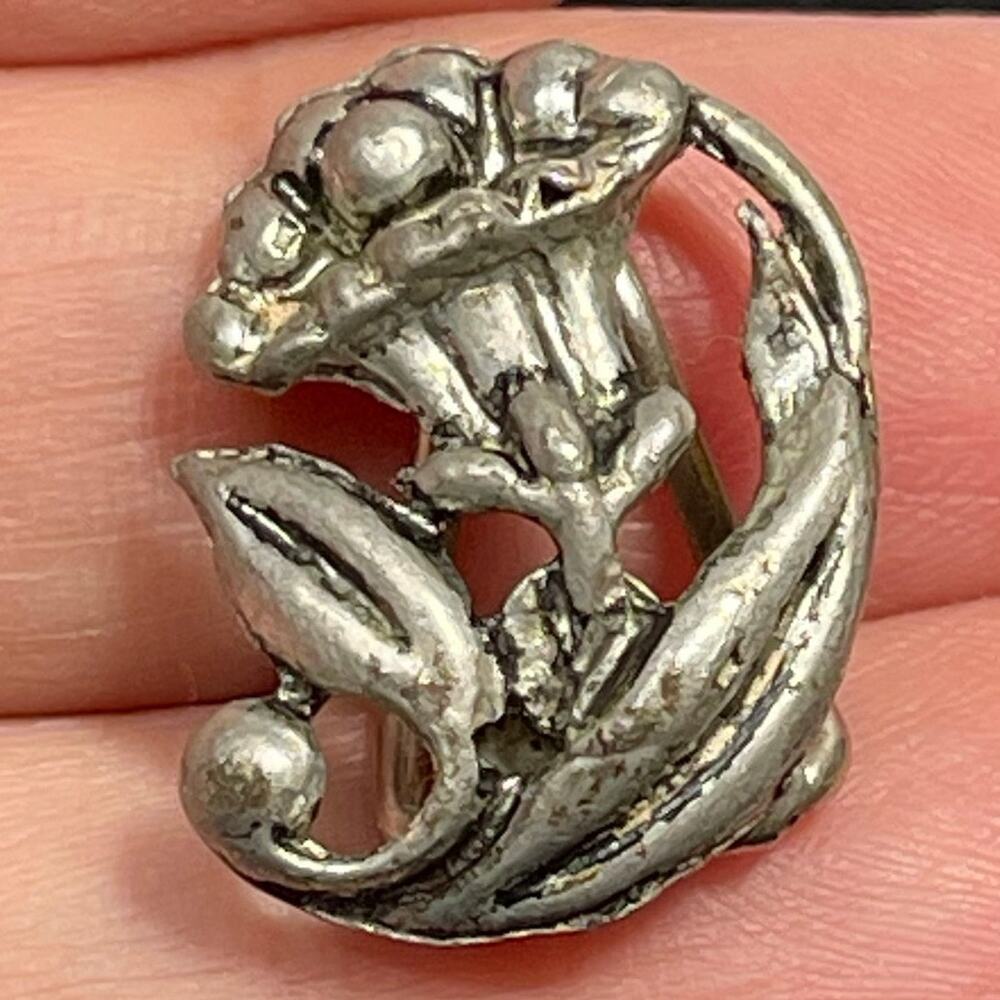 Floral Collar Clip Silver Tone 1" Vtg Unsigned